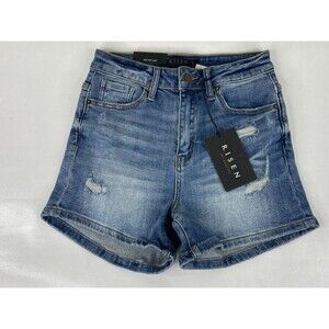 Risen Women Small Blue Denim Shorts High Rise Distressed NWT
